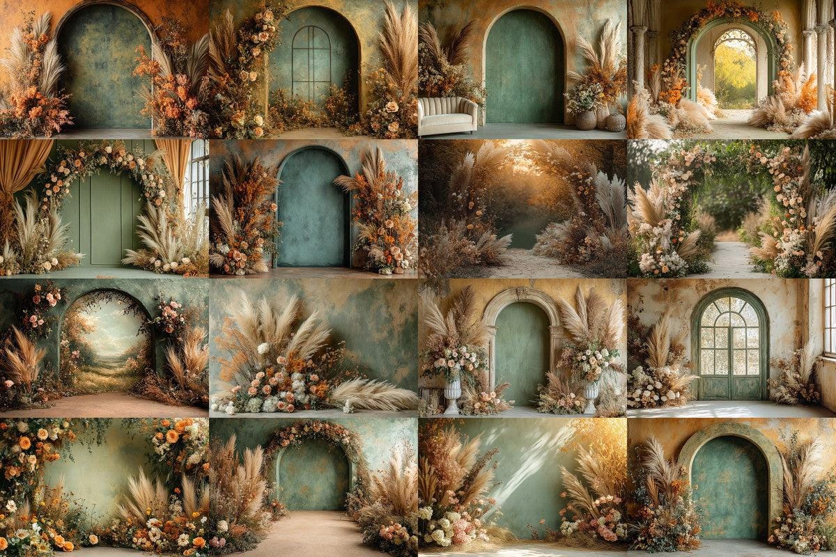 Boho Olive Arch Photography Backdrops for Digital Artists  Photographers - Warm Inviting Aesthetic - Commercial Use Allowed