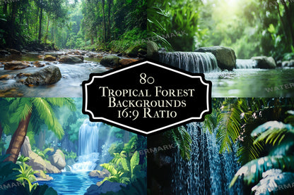 Tropical Forest streaming background, 16:9 ratio. Lush nature scenery with vibrant greenery and waterfalls, photography backdrop.