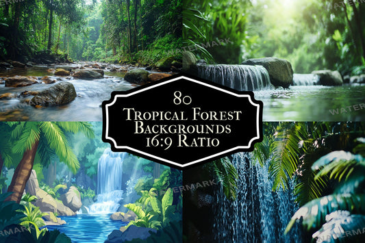 Tropical Forest streaming background, 16:9 ratio. Lush nature scenery with vibrant greenery and waterfalls, photography backdrop.