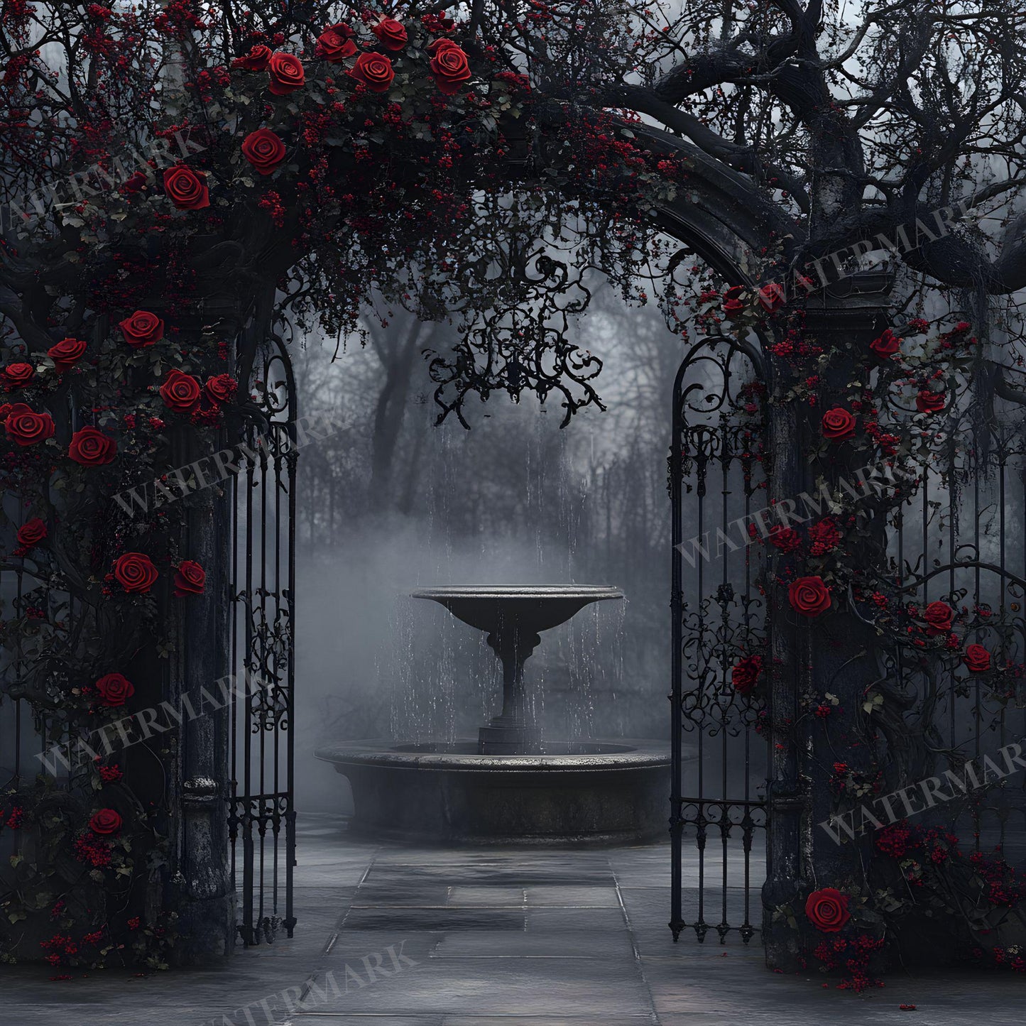 Gothic Rose Floral Digital Backdrop - Photography, Crafts, Storytelling - Gothic Background - Red Gothic Roses in Abandoned Gothic Courtyard