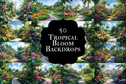 Tropical Bloom Backdrop: 5PNGs for Gorgeous Photography, Lush Floral Textures, Colorful Jungle Digital Backdrops - Overlays