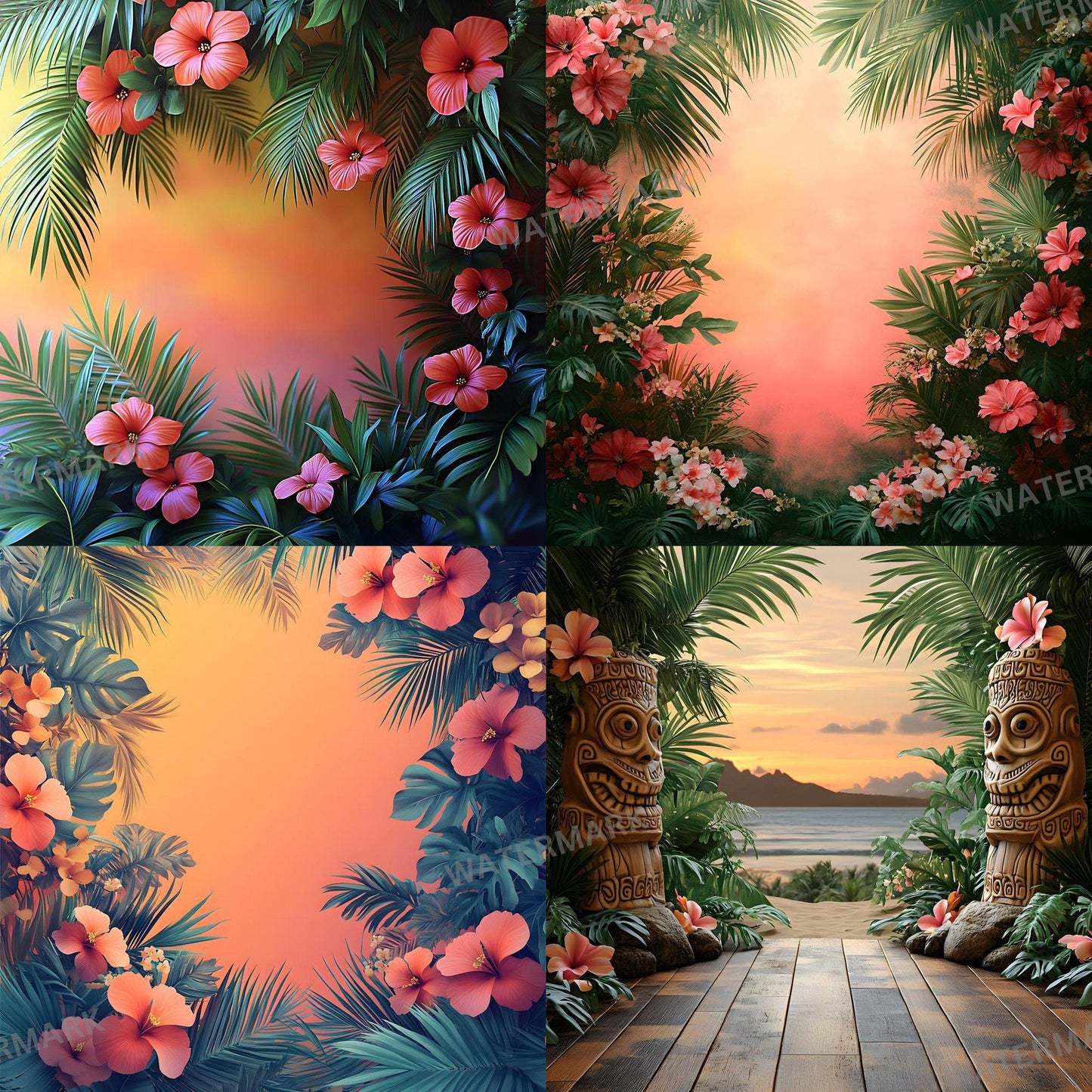 Tropical Luau Backdrops - Vibrant Beach & Palm Tree Digital Backgrounds for Summer Photography - Tropical, Hawaii, Studio Backgrounds