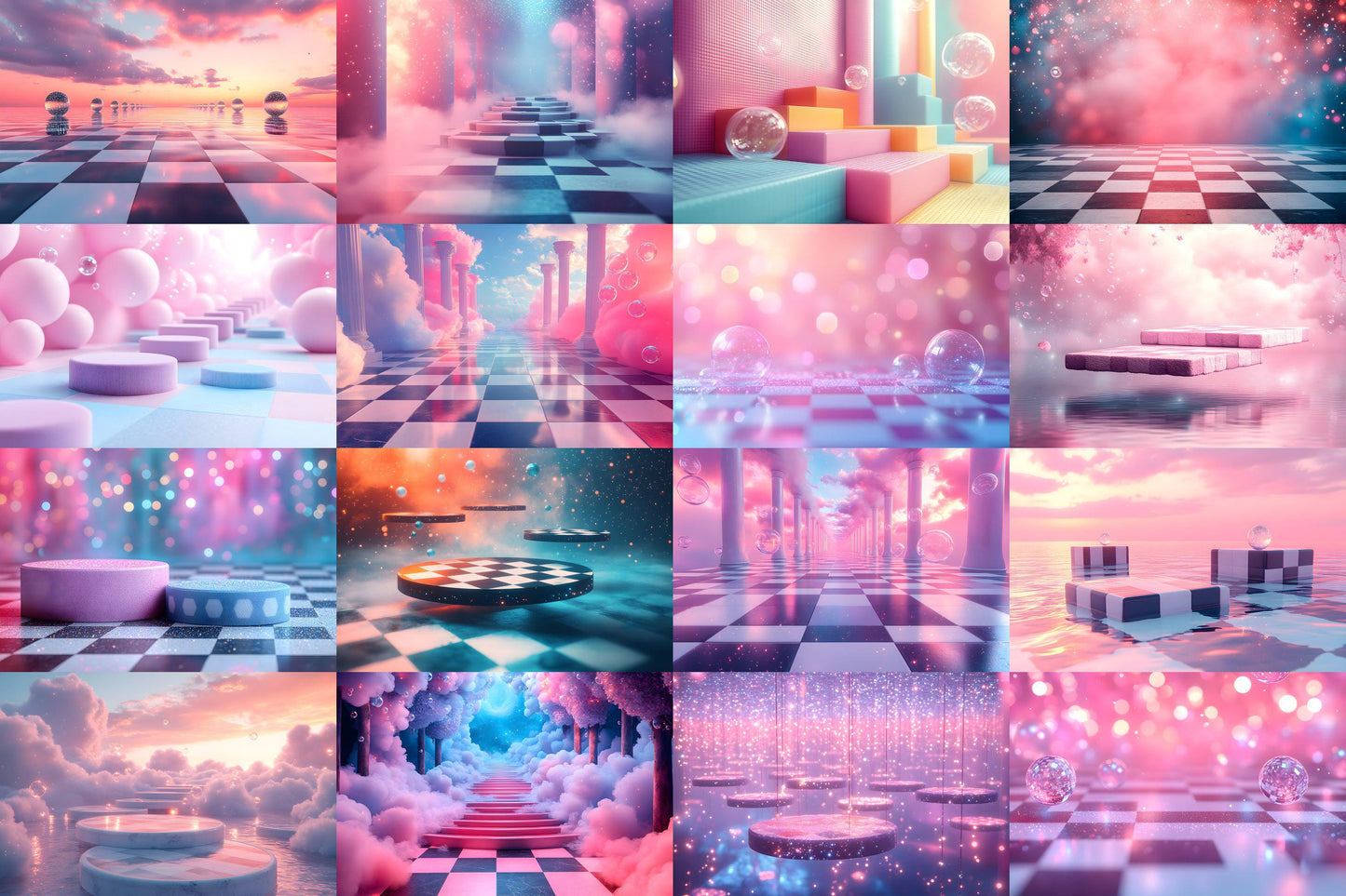 Wonderland Checkers Digital Backdrop Bundle - Surreal Fantasy Backgrounds with Checkerboard Floors for Whimsical Photoshop Composites Craft