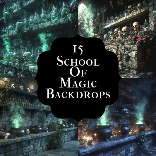 School of magic digital backdrops, fantasy wizard overlays, magical PNG backgrounds for photography, cosplay portraits, green screen use