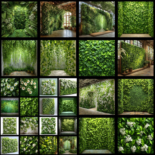 Leafy Green Flower Wall Digital Backdrop, Floral Photography Background, Photo Booth Prop, Wedding Portrait, Springtime Scene, Images