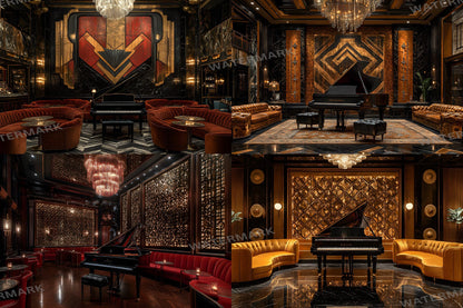 Jazz Lounge Luxe Backdrops | Art Deco Luxury Piano Backgrounds | Elegant Vintage Jazz Club Scene | Bar Interior | Digital Backdrops
