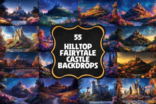 Hilltop Fairytale Castle Backdrops PNGs for Storybooks, Fairytale, Magical Backgrounds, Fantasy Landscape Photoshop Backdrops, Magic Hill
