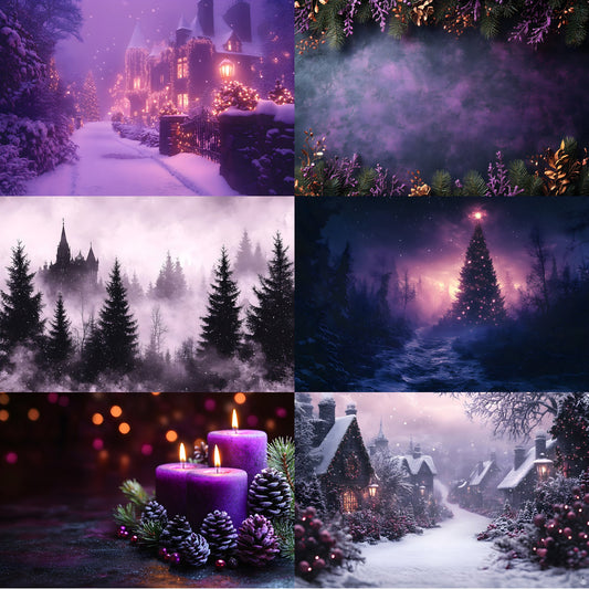 Gothic Purple Christmas Backdrop Set, Fantasy Holiday Backgrounds for Photography, Dark Festive Digital Backdrops, Winter Photo Overlays