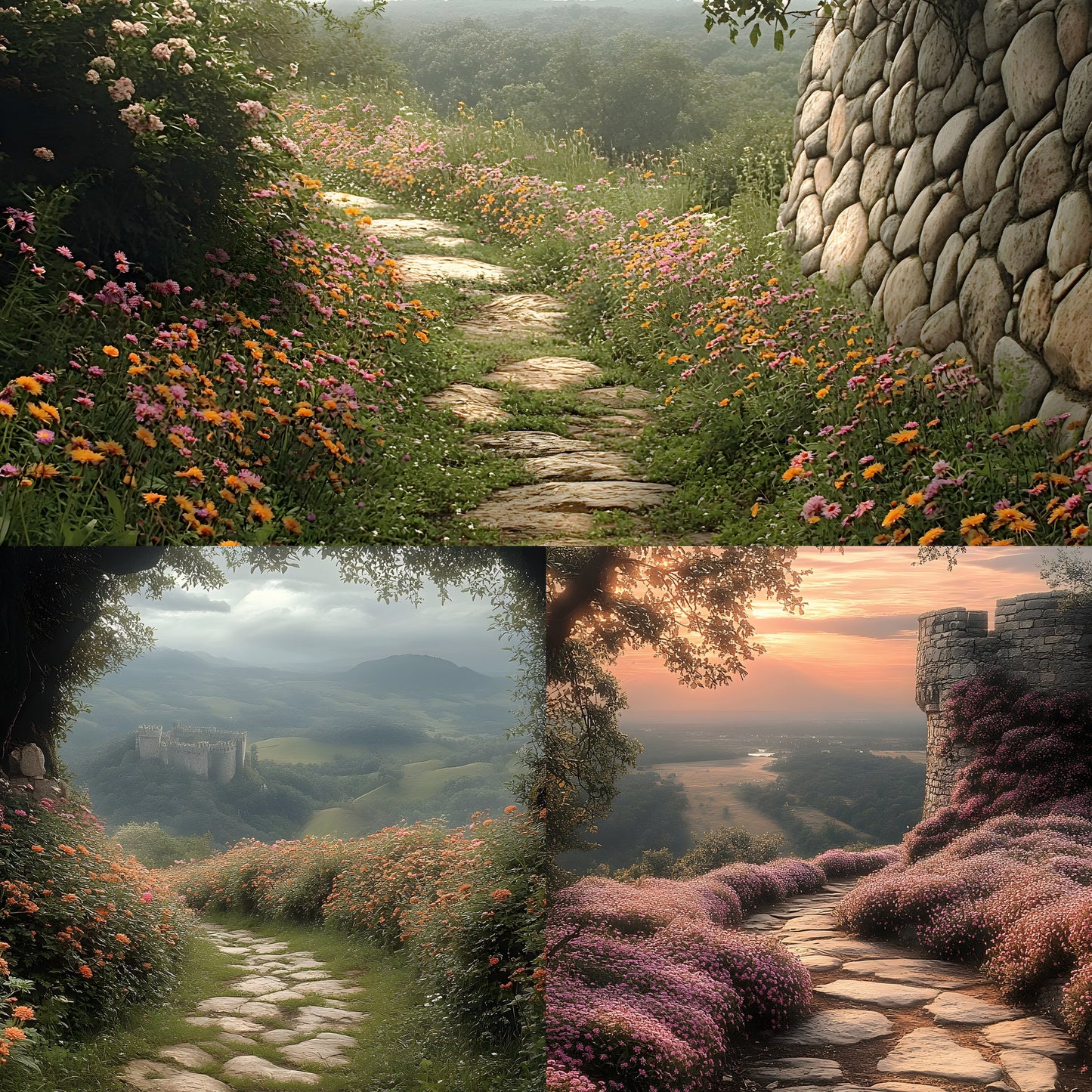 Wildflower Castle Backdrop, Wall View Digital Backgrounds, Fantasy Photography, Images, Enchanted Scene, Dreamy Photo Overlays