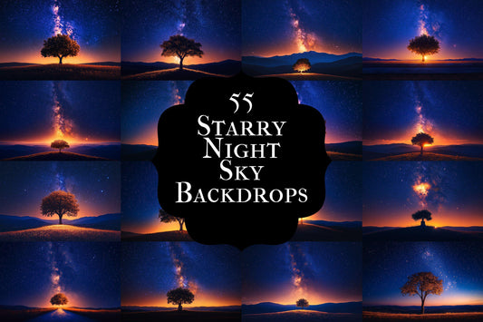Magical Starry Night Sky Digital Backdrops - 5Celestial Photography Backgrounds with Milky Way & Galaxy Background - Tree Backdrop