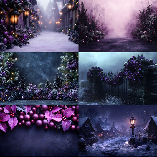 Gothic Purple Christmas Backdrop Set, Eerie Holiday Backgrounds, Dark Festive Photography, Spooky Xmas Digital Backdrops, Images