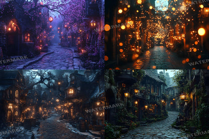 Wizard's Alley Backdrops, Magical Marketplace Scenes, Enchanted Shopfronts, Mystical Street Paths, Fantasy Digital Backgrounds