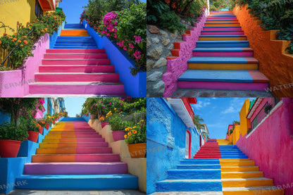Colorful Urban Stairs Digital Backdrops for Photography & Photoshop Composites | Vibrant Steps Digital Backgrounds and Overlay Scenes
