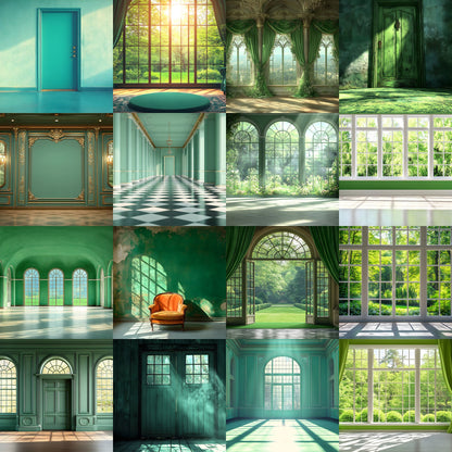 Royal Green Interior Digital Backdrop Collection, Photography Backgrounds, Elegant Home Photo Overlays, High-Resolution Images for Composites