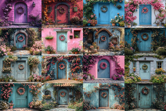 Pastel Cottage Door Backdrops, Fairy Tale Digital Backgrounds, Whimsical House Photography Props, Floral Entrance Composites