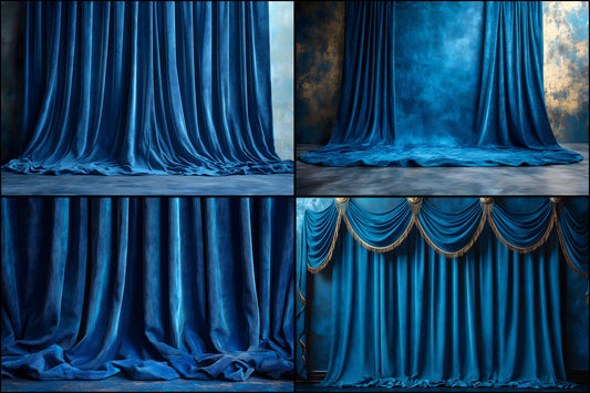 Sapphire Blue Vintage Curtain Backdrop Set, Digital Photography Backgrounds, Portrait Photo Booth Prop, High Res Images, Ratio