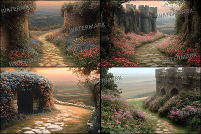 Wildflower Castle Backdrop, Wall View Digital Backgrounds, Fantasy Photography, Images, Enchanted Scene, Dreamy Photo Overlays