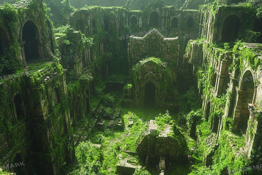 Ancient Ruins digital backdrop, 16:9 ratio. Overgrown ruins with sunlight filtering through mist, streaming and photography backdrops.