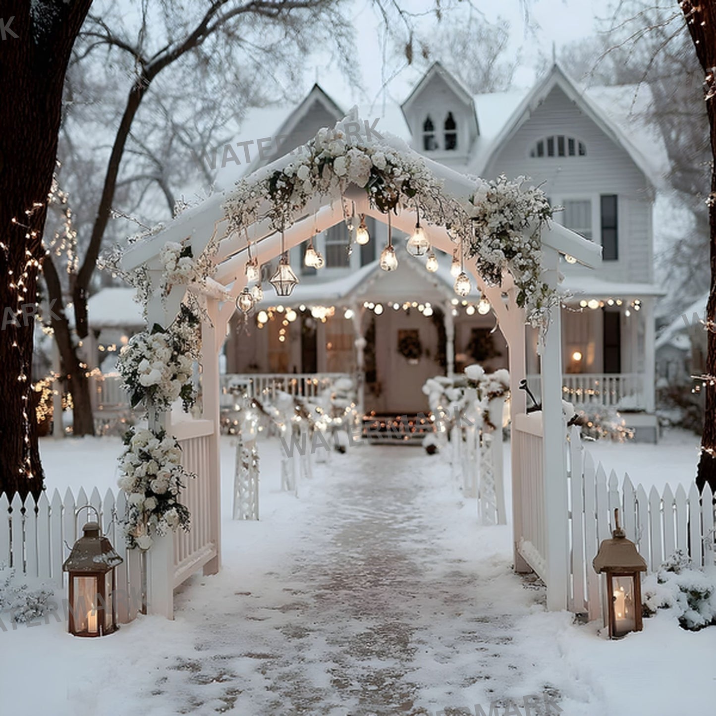 White Gold Christmas Backdrop, Snowy Outdoor Scene, Holiday Photography Background, Winter Wonderland Digital Photo Prop, Image