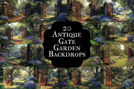 Antique Gate Garden Backdrops, Enchanted Forest Digital Backgrounds, Secret Garden Scenes, Photography, Forest Gate Photography Backdrops