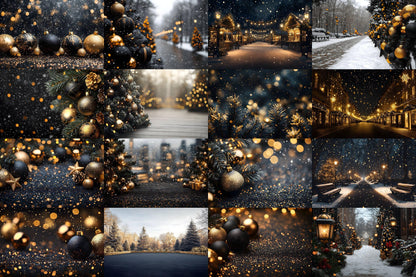 Black and Gold Christmas Backdrops: Luxury Christmas Background, Xmas, Photography Backdrops - Photoshop Digital Backdrops and Overlays