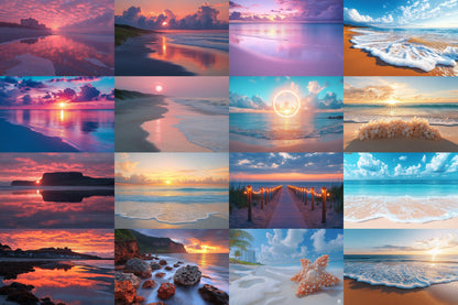 Beach Sunrise Backdrop: 19PNGs for Coastal Ocean Dawn Photography, Tropical Golden Hour Shore Scenes, Seaside Morning Digital Backdrops