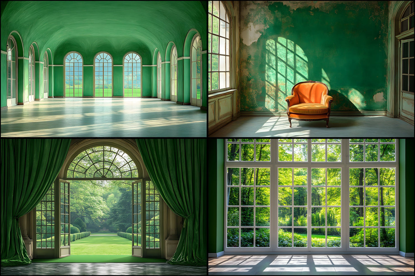 Royal Green Interior Digital Backdrop Collection, Photography Backgrounds, Elegant Home Photo Overlays, High-Resolution Images for Composites