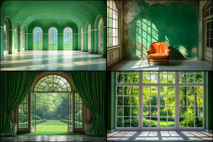 Royal Green Interior Digital Backdrop Collection, Photography Backgrounds, Elegant Home Photo Overlays, High-Resolution Images for Composites