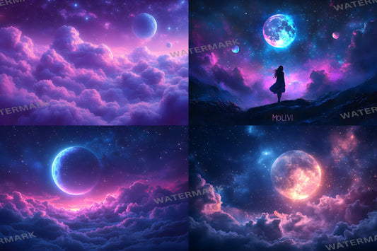 Celestial Glow Scene Backdrops, Fantasy Moon Sky Digital Background, Magical Purple Space Nebula Photo Booth Prop, Dreamy Sci Fi Assets