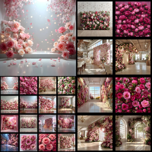 Pink Rose Flower Wall Digital Backdrop Photography, Floral Wedding Background, Square Photo Booth Prop, Elegant Party Decor, Printable Portrait Image