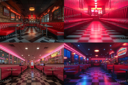 Retro Diner Backdrop: 3PNGs for Vintage Photo Editing, s Style Photography Props, Classic American Diner Digital Backdrops