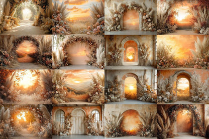 Boho Background - Sunset Arch Photography Backdrops - 8Warm Aesthetic PNGs for Digital Art  & Photography - Commercial Use
