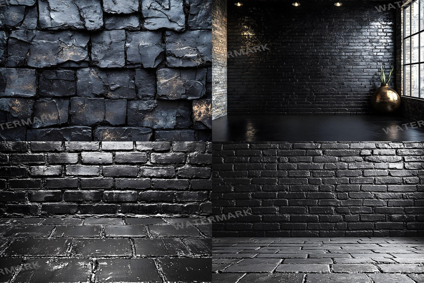 Sleek Black Brick Backdrops - Dark Urban, Industrial Texture, Moody Digital Backgrounds