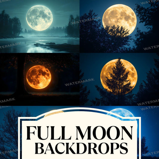 Full Moon Backdrops ��������� Mystical Night Sky, Fantasy Lunar Scenes, Spooky Moonlit Photography Backgrounds for Art, Film & Digital Backdrops