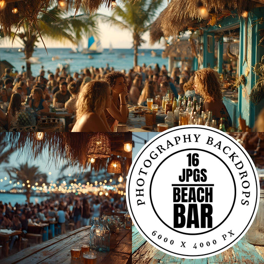 Beach Bar Photography Backdrops - 16 JPGs | Tropical Island Digital Backgrounds, Sunset Party Photo Overlays, Summer Vibe Studio Props