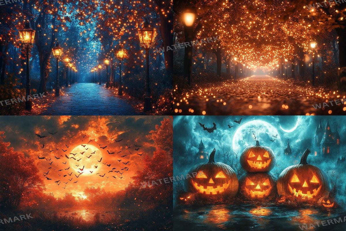 Halloween Forest Scene Photography Backdrops - 4High-Resolution PNG Backgrounds for Photoshop - Master Overlay for Creative Photo Editing