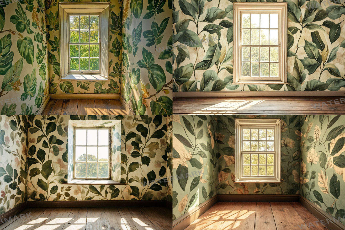 Botanical Window View Backdrops, Digital Forest Room Photography Props, Nature Interior Digital Backgrounds, Vintage Woodland Wallpapers