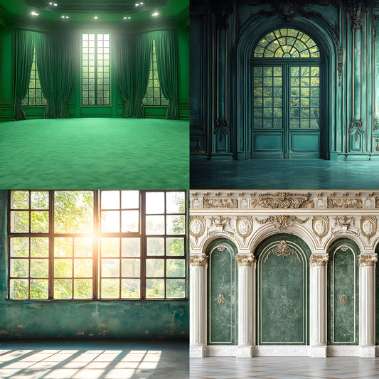 Royal Green Interior Digital Backdrop Collection, Photography Backgrounds, Elegant Home Photo Overlays, Virtual Studio Scenes, Fine Art Textures