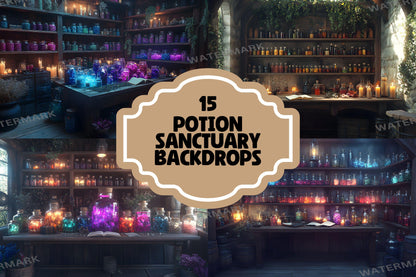 Potion Sanctuary Backdrops, Witchy Apothecary Digital Backgrounds, Magical Alchemy Lab, Enchanted Potion Room, Mystic Fantasy Aesthetic