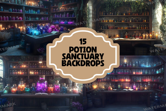 Potion Sanctuary Backdrops, Witchy Apothecary Digital Backgrounds, Magical Alchemy Lab, Enchanted Potion Room, Mystic Fantasy Aesthetic
