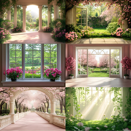 Vintage Beige Garden Photography Backdrop Set, Dreamy Outdoor Scenery Digital Backgrounds for Portrait Photoshoots, Studio Prop