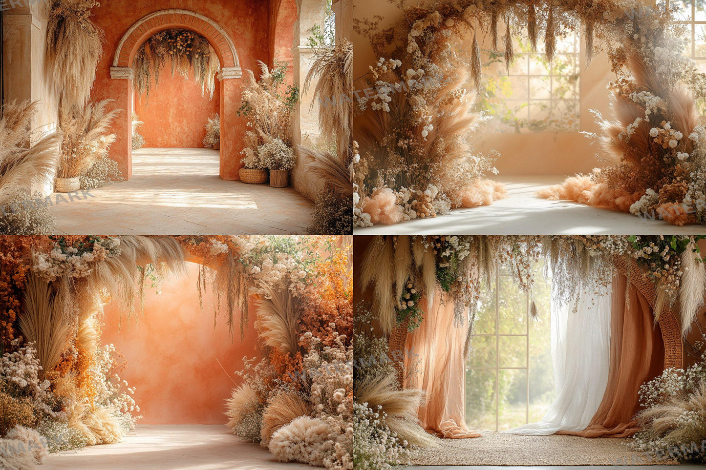 Boho Terracotta Backdrops - Warm Rustic Pampas & Elegant Archway Digital Backgrounds for Photoshop, Master Overlays, Maternity, Wedding