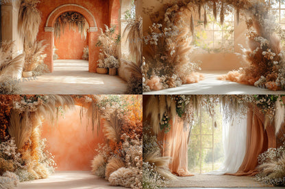 Boho Terracotta Backdrops - Warm Rustic Pampas & Elegant Archway Digital Backgrounds for Photoshop, Master Overlays, Maternity, Wedding