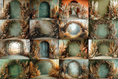 Boho Olive Arch Photography Backdrops for Digital Artists  Photographers - Warm Inviting Aesthetic - Commercial Use Allowed