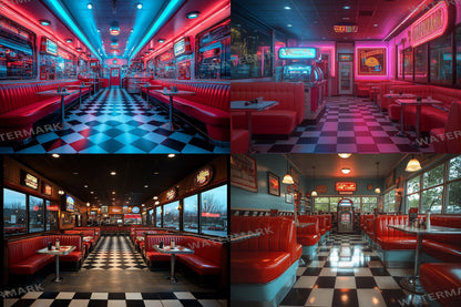 Retro Diner Backdrop: 3PNGs for Vintage Photo Editing, s Style Photography Props, Classic American Diner Digital Backdrops