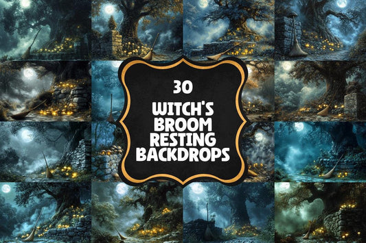 Witch���������s Broom Resting - Spooky Witchcraft Photography Backdrop - Halloween Photoshop Overlay - Dark Fantasy Background for Photo Editing