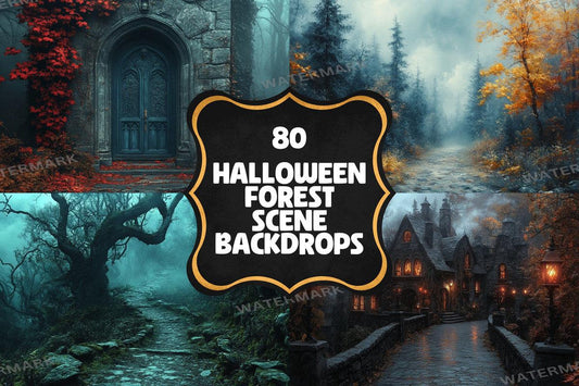 Halloween Forest Scene Photography Backdrops - 4High-Resolution PNG Backgrounds for Photoshop - Master Overlay for Creative Photo Editing