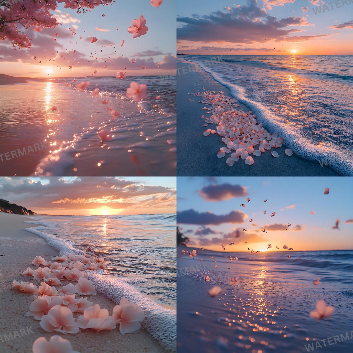 Sunset Oasis Backdrops, Dreamy Beach Photography Backgrounds, Pink Petal Shoreline Scenes, Sunset Beach Wedding and Maternity Backdrops
