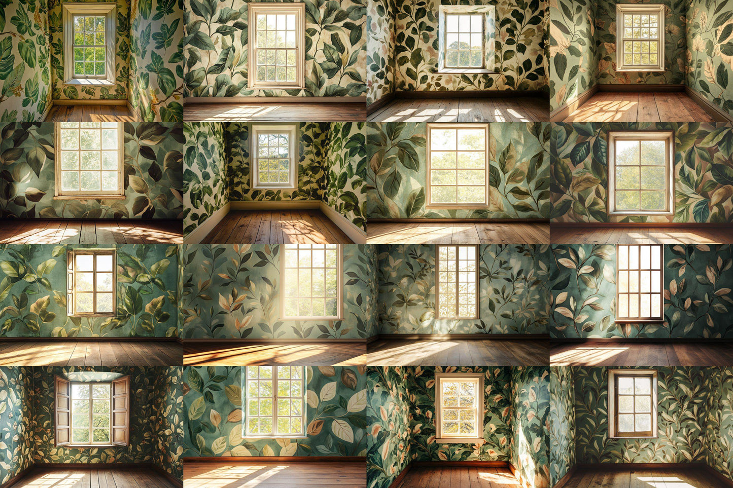 Botanical Window View Backdrops, Digital Forest Room Photography Props, Nature Interior Digital Backgrounds, Vintage Woodland Wallpapers