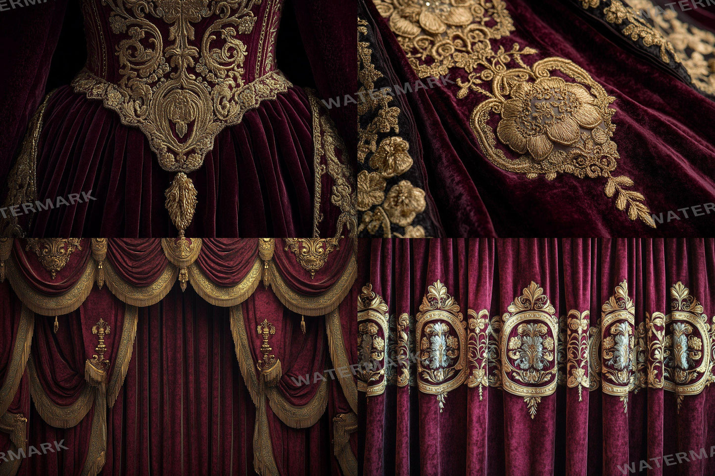 Opulent Gold Drapes Backdrops, Royal Velvet Curtains Digital Backgrounds, Luxury Red Gold Photography Props, Baroque Theatre Stage